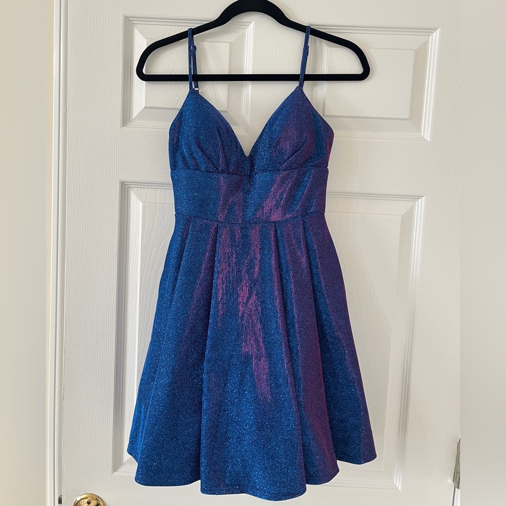 B Darlin Juniors' Glitter-Knit Skater Party Dress, Saphire/Fuschia, Youth 3/4